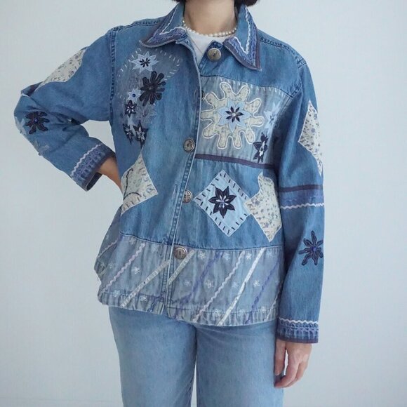 Jackets & Blazers - Vintage Keren Hart Blue Patchwork Button Up Lightweight Denim Jacket Xl